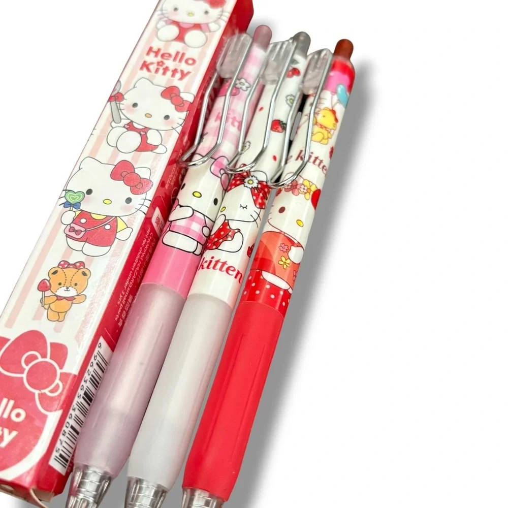 Sanrio Hello Kitty Press Gel Ink Pen Set 3pc Retractable Kawaii Pink Red NO.6087